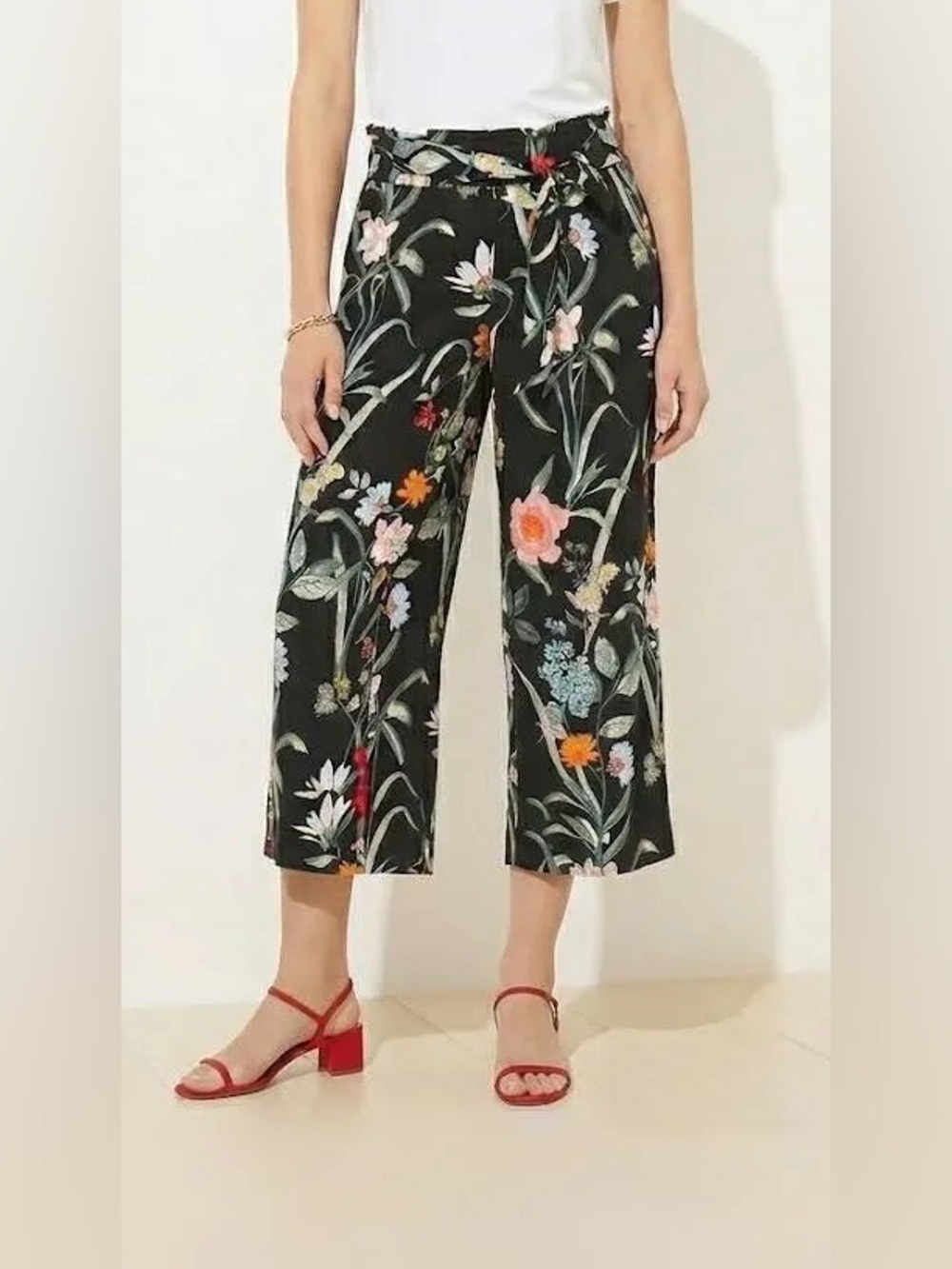LOFT Black Floral Tie Waist Cropped Wide-Leg Pants